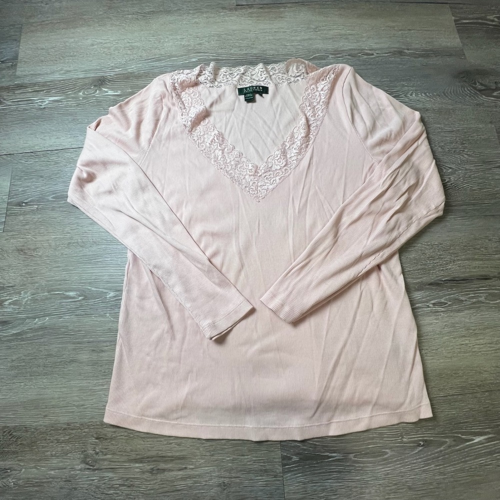 Lauren Ralph Lauren Top Womens XL Pink Lace Trim Ribbed Cotton Long Sleeve VNeck